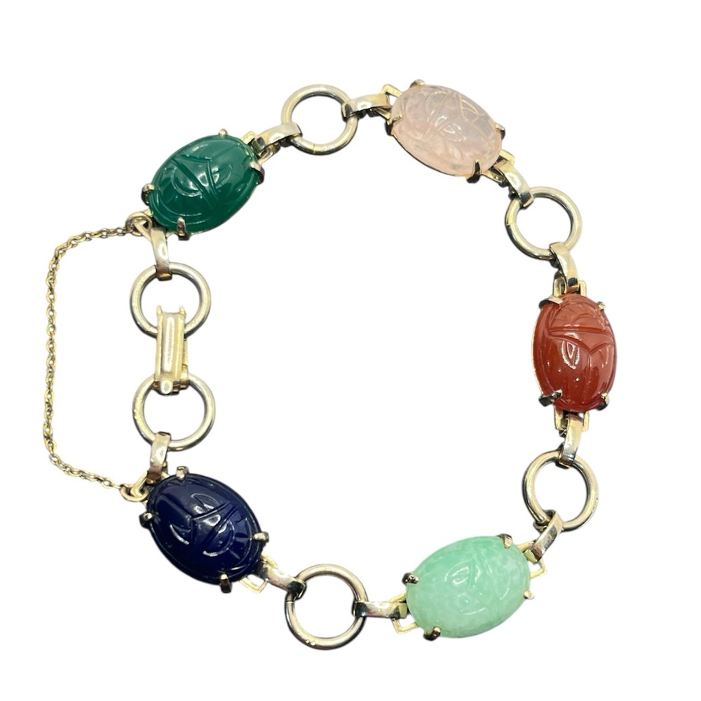 Scarab beetle multi colored stone cabochon chain bracelet vintage